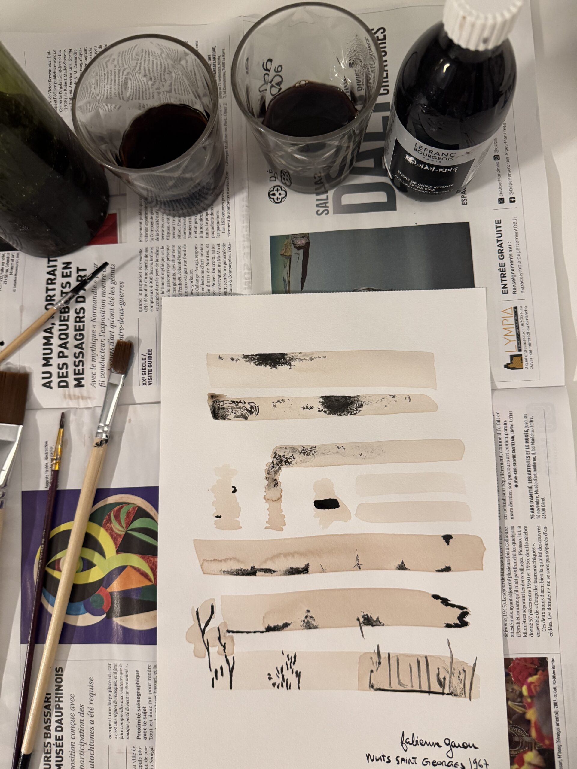 Aquarelle encre de chine et peinture au vin Fabienne Garon Atelier Art Ampuis commande personnelle